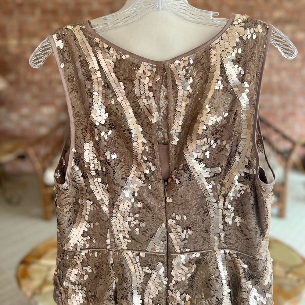 Adrianna Papell Taupe Champagne Lace Sequin Peplum Dress 14 Cocktail Glam - Picture 11 of 14